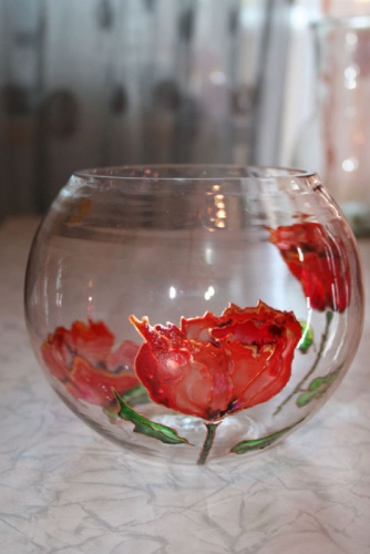 ваза стеклянная. роспись. маки.нежная, чувственная, невесомая роспись на вазе. вазу можно использова