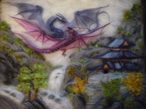 Картина из шерсти "Драконы в горах" Размер 50*40