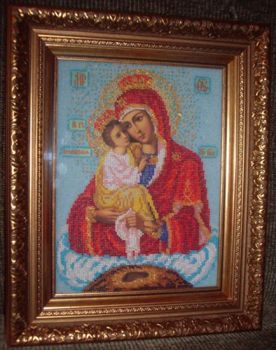 Икона вышитая бисером (Богородица Почаевская)