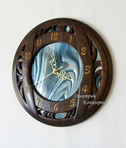Часы настенные круглые с синим витражным стеклом, зеркальные